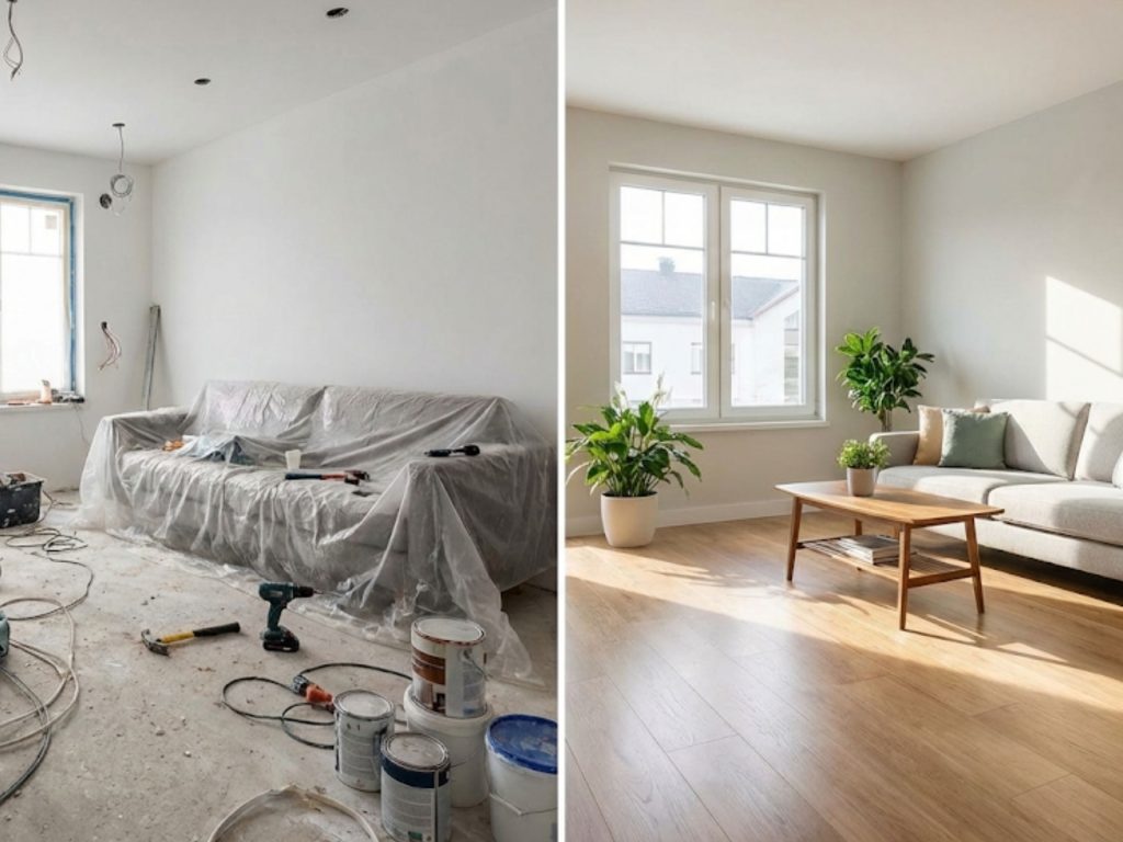 Salón en obras mostrando el caos de las reformas en casa sin guardar muebles