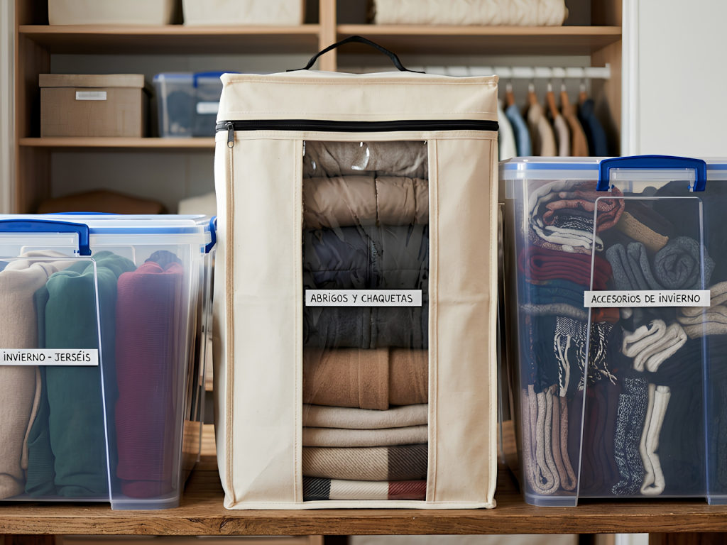Ropa de invierno doblada en vertical y protegida dentro de cajas de plástico herméticas y fundas de tela transpirables