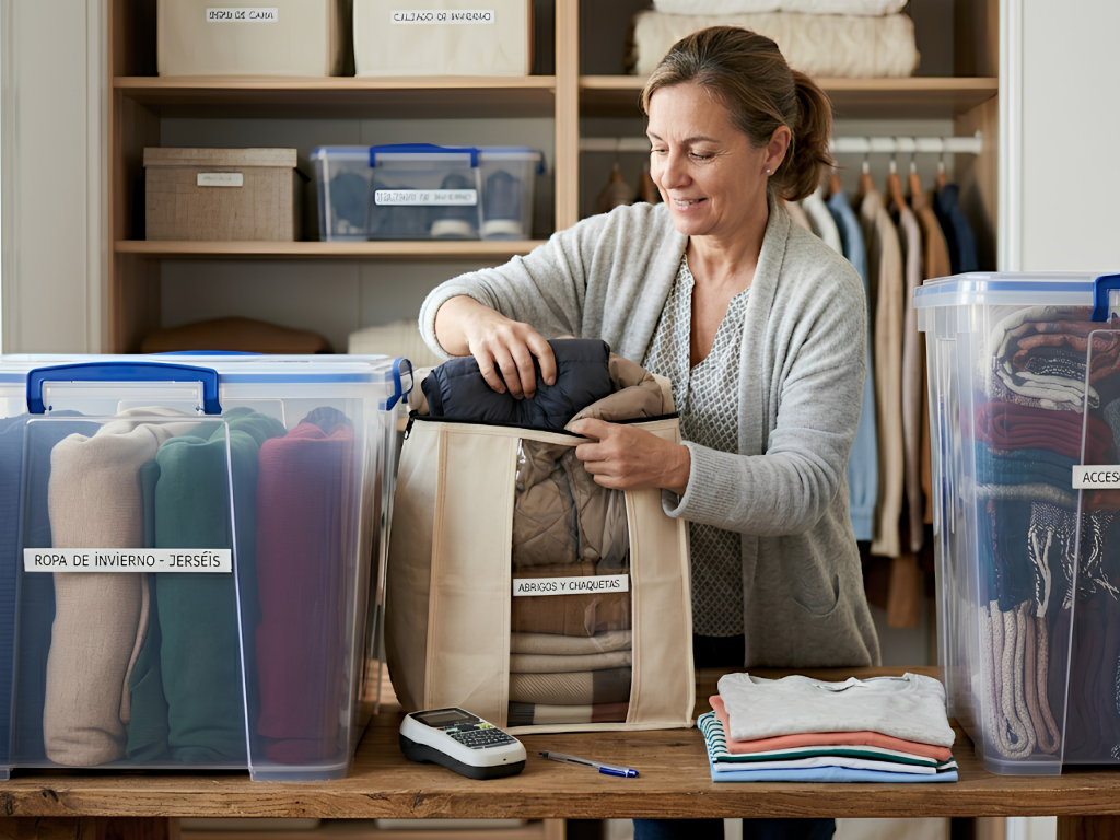 Mujer aplicando ideas para organizar la ropa en el cambio de temporada en un armario ordenado y funcional